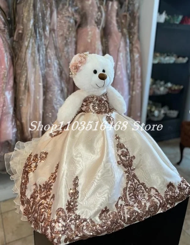 Personalised Quinceanera Teddy Bear Dress Champagne Sheath Delicate Floral Appliques Special Links