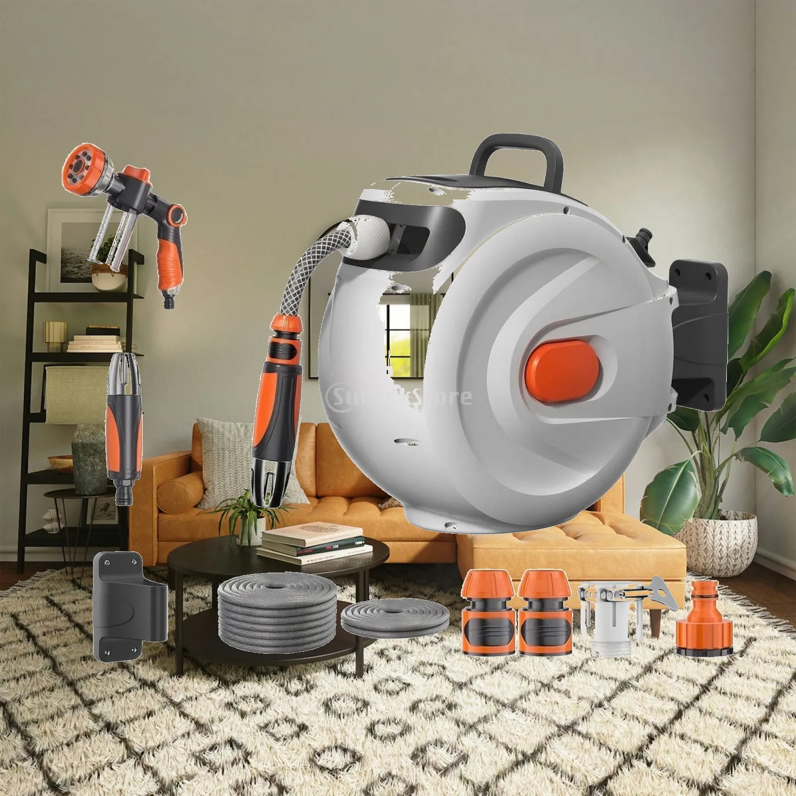 PP PVC Retractable Hose Reel Wall Mounted with 10M Hose and Foam Sprayer for General Outdoor Cleaning and Watering