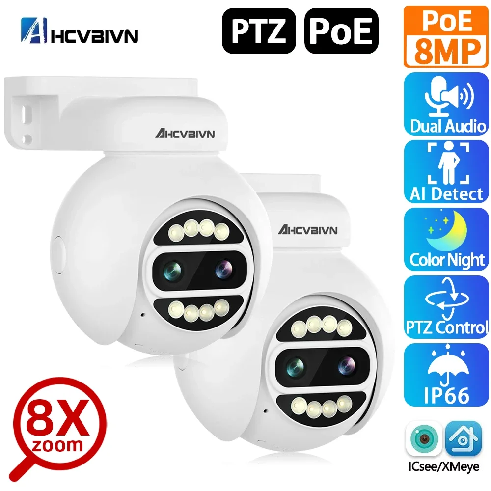 

4K Dual Lens POE PTZ Camera 8X Zoom Outdoor Waterproof Color Night Vision CCTV Security Surveillance Camera 2 Way Audio IP Cam