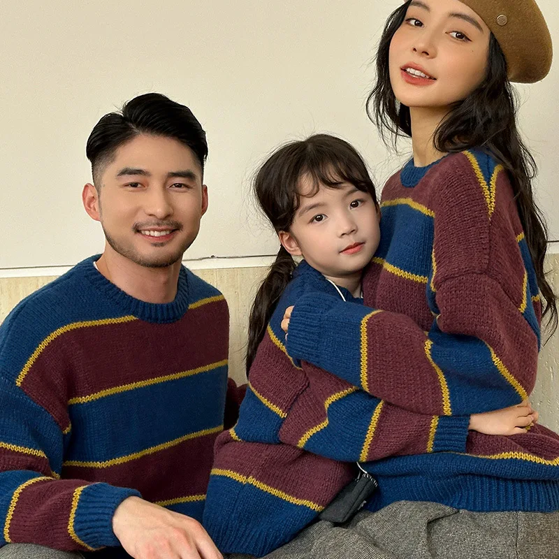 Family Matching Outfits Parent-child Clothing Autumn and Winter Coarse Sweater Casual Jumper Retro Children's Striped Sweater