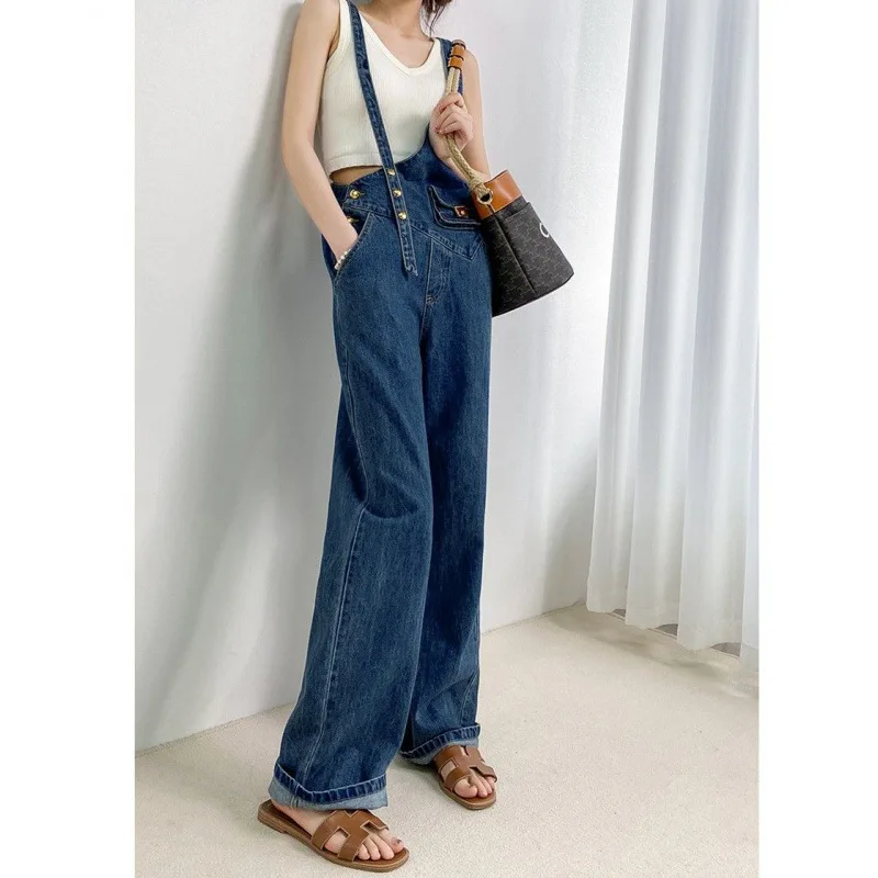 Summer 2025 New Asymmetric Small Waist Bag Denim Overalls For Women With Metal Buckle Versatile Wide-Leg Floor-Length Pants