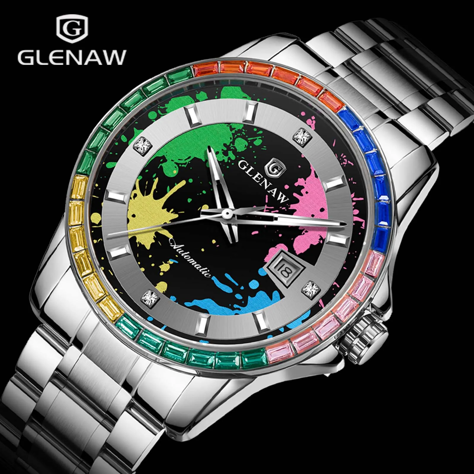 GLENAW Design New Graffiti Dial Mechanical Watch Men's Rainbow Ring Mouth Men's Watch Calendar Night Light Automatic Watch HOT