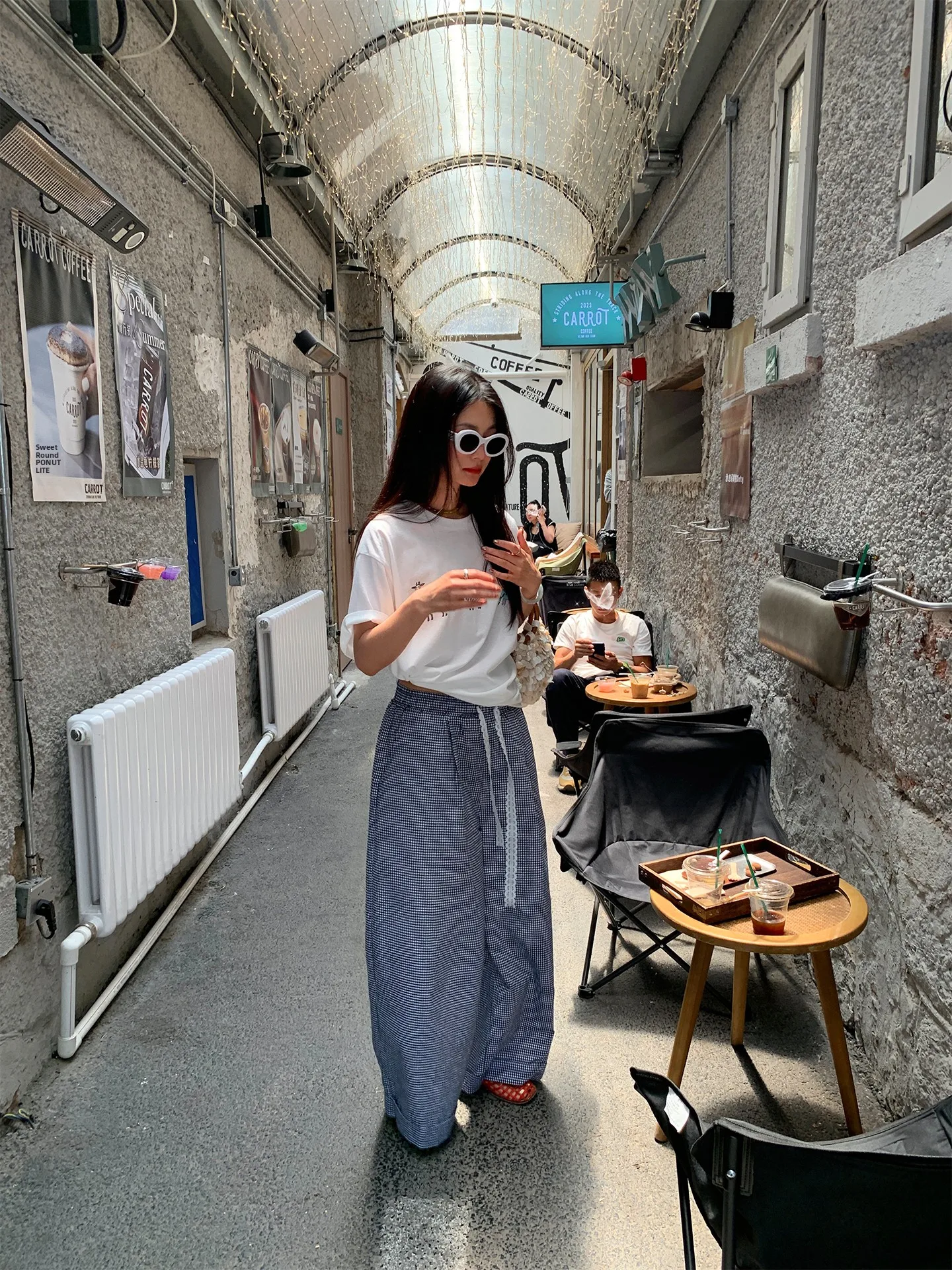 하이 웨이스트 와이드 레그 팬츠 여성 여름 얇은 격자 무늬 프린트 바지 벨트 루즈핏 한국 스타일 통근 패션 코튼