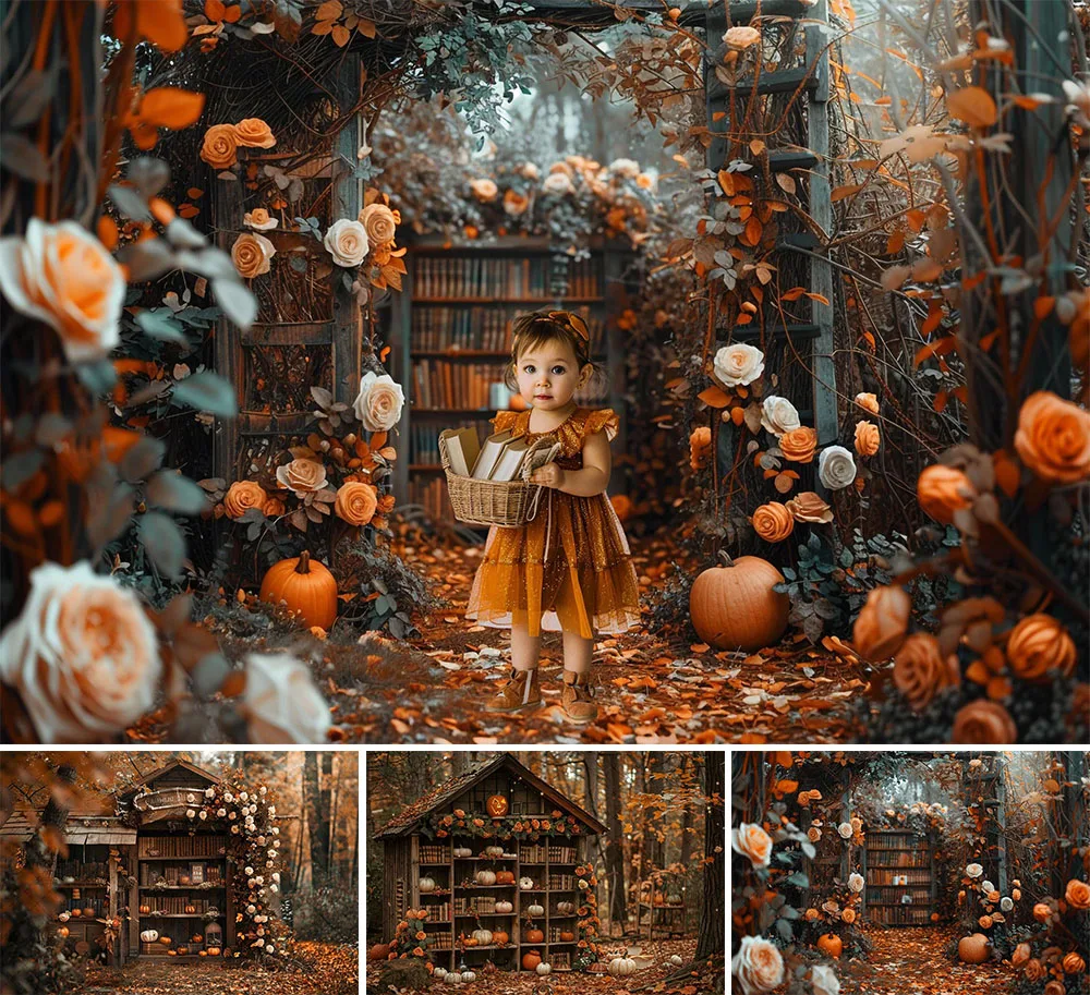 

Mehofond Photography Background Autumn Pumpkin Library Books Kids Birthday Party Cake Smash Portrait Decor Backdrop Photo Studio