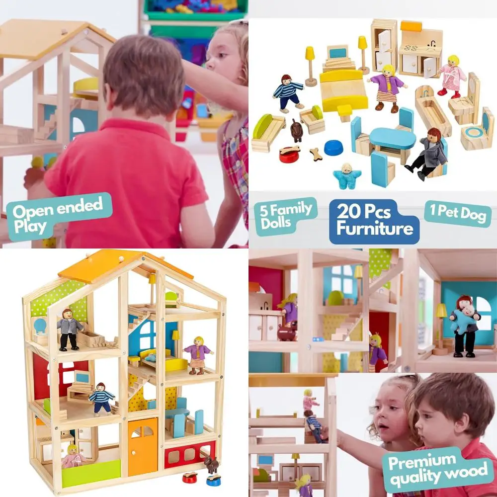 

Деревянный кукольный домик с 20 предметами мебели, 5 куклами-семейками и собакой для детей 3-5 лет