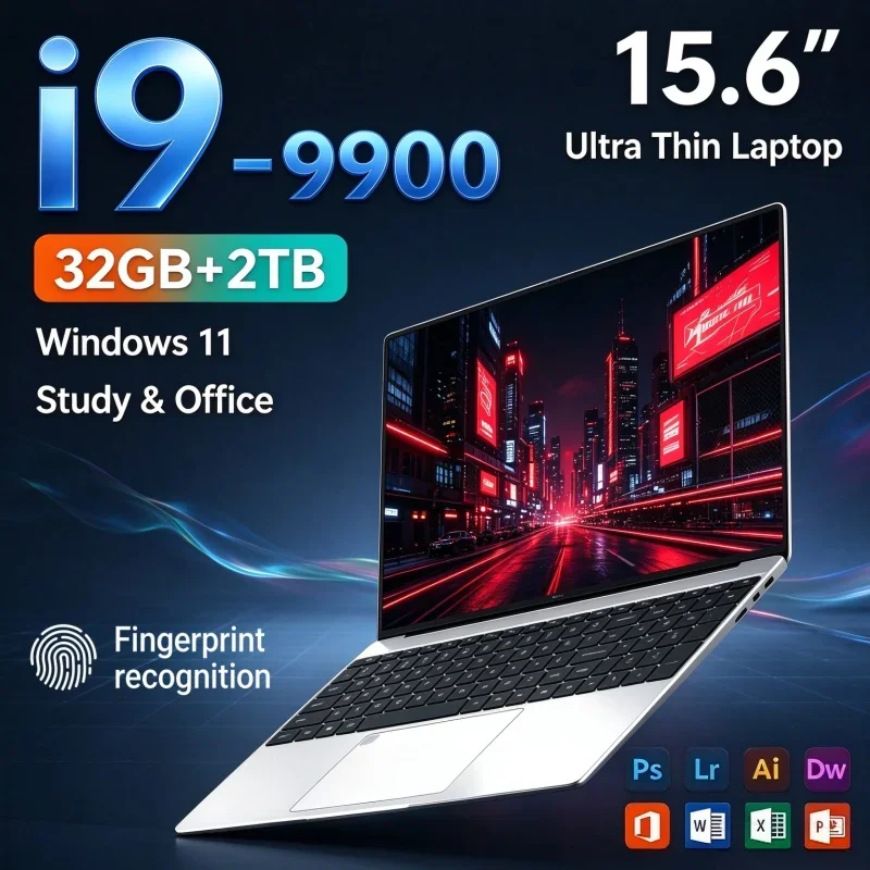 Intel I9-9900 Notebook 15.6'' Inch Lightweight 32GB RAM 1TB/2TB SSD Windows11 Fingerprint Unlock Portable Office Gaming Laptop