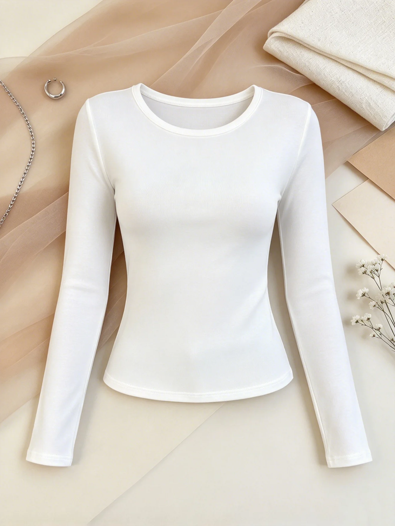 Women's Casual Long Sleeve T-Shirt round Neck Solid Color Comfortable Waist Cinched Top for Autumn Office Commuting