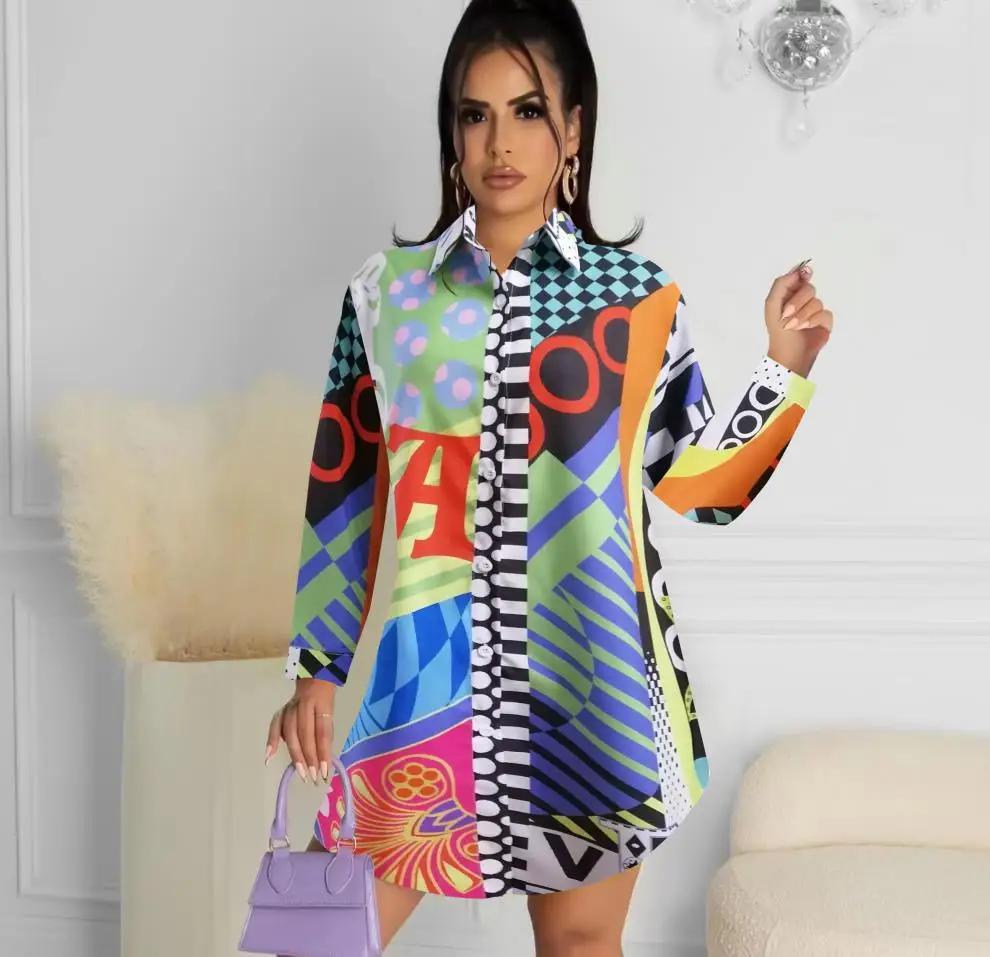 2023 Fashion Shirts & Blouses Elegant Print Loose Long Shirt Button Up Long Sleeve Top Casual Vintage Y2k Shirts Dress Blouse