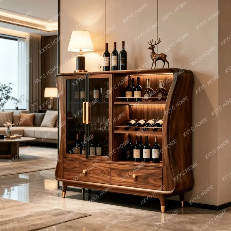 XX Black Walnut Solid Wood Sideboard Minimalist Glass Display Wine Cabinet Wall Dining Storage Cabinet