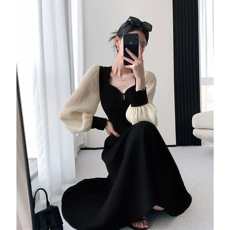 2025년 가을 신상 여성용 스퀘어 넥 스플라이싱 드레스, 허리 라인을 강조하는 슬림핏 블랙 미니스커트