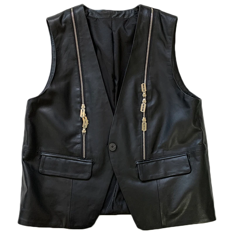 Women's Leather Vest, Female Genuine Waistcoat, Casual Zipper Vest, One Button Short Vest, Spring, Autumn