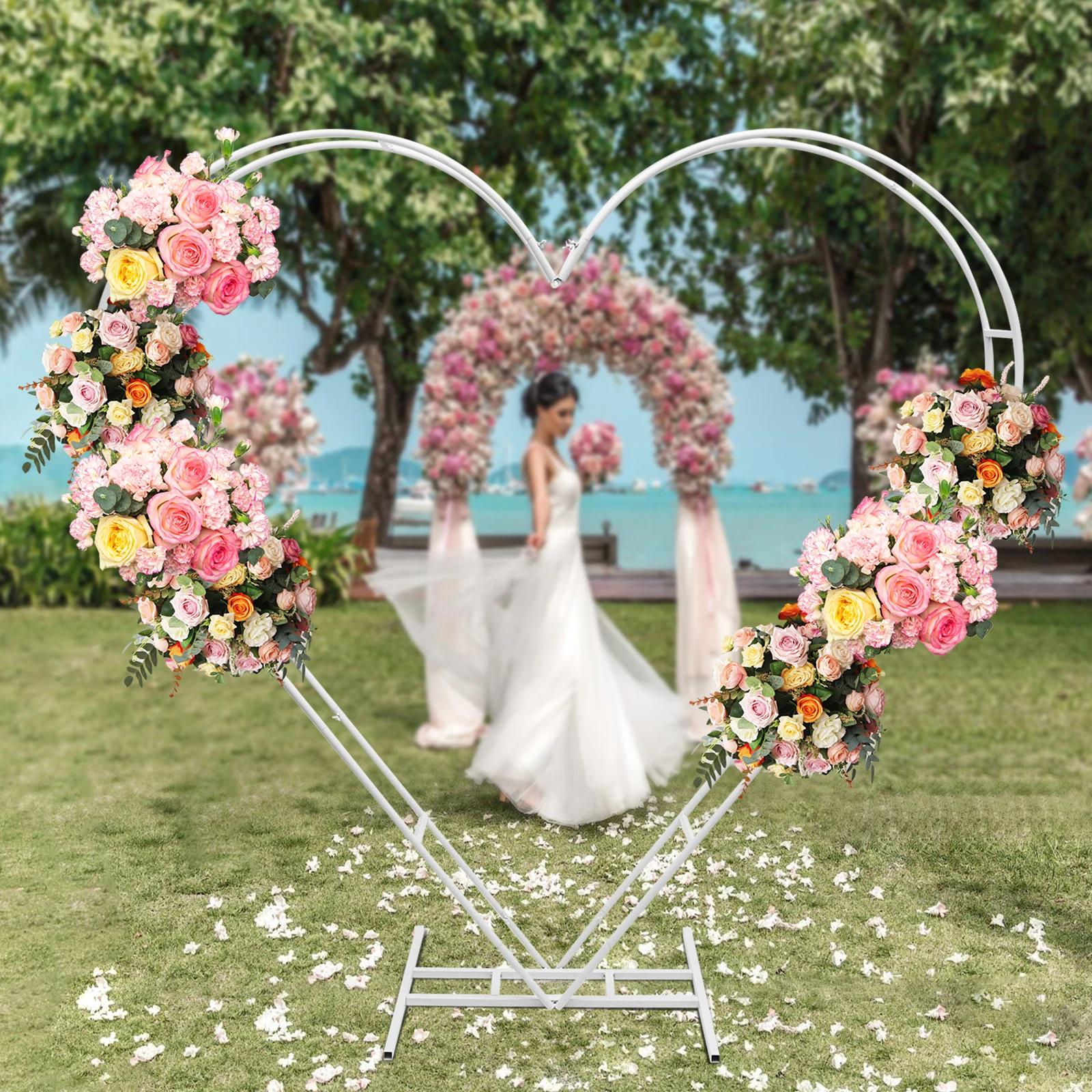 

Dual Tube Metal Wedding Arch Backdrop - White Circle Arch Stand with Creative Heart Shape Wedding Frame for Floral Balloon Photo Background Decorations