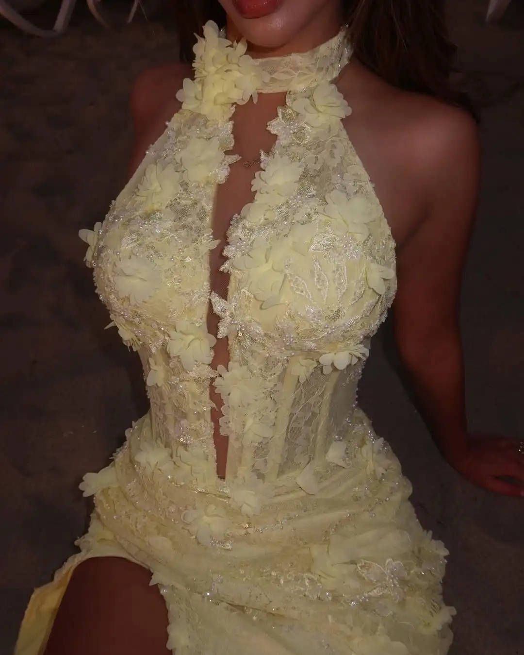 

Customized Yellow Lace 3D Flower Side Slit Sexy Women's Formal Evening Gown Mermaid Homecoming Dress