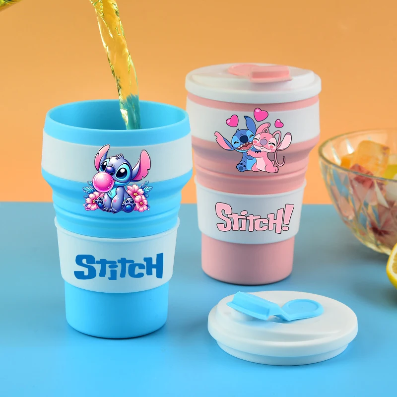 

Lilo & Stitch Food-Grade Silicone Folding Cup with Lid Anime Portable Water Cups Outdoor Travel Camping Kawaii Water Bottle New