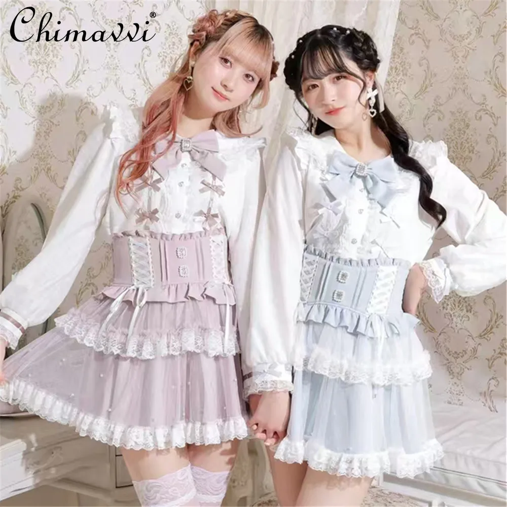 Japanese New Mine Sweet Lady Cute Lace Bow Lolita Shirt Spring and Autumn New Mass Production Kawaii Long-sleeved Blouse Tops