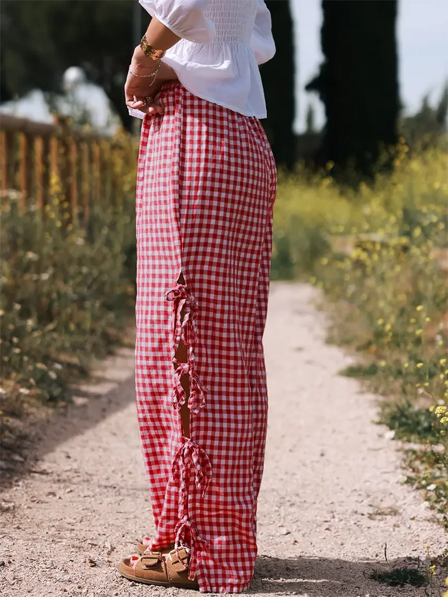 Pantalones a cuadros para mujer, pantalones de pierna ancha con cordones, pantalones de chándal informales, ropa de calle