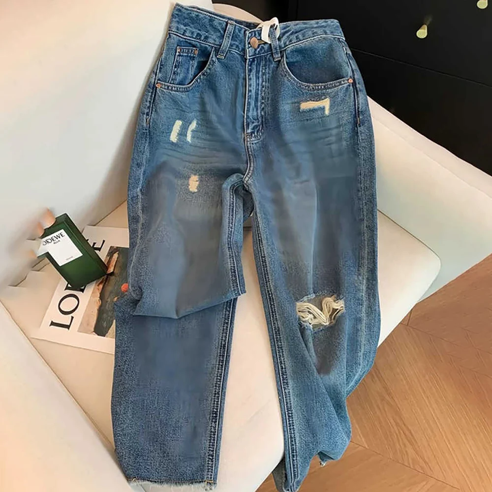 

Большие синие джинсы с рваными дырками, женские летние тонкие джинсовые брюки до щиколотки с высокой талией, повседневные свободные прямые джинсы