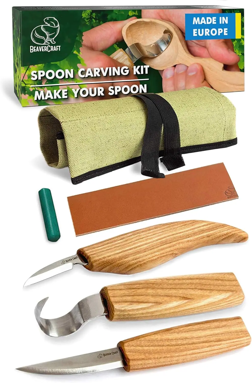 

Complete Wood Carving Kit for Beginners: 3 Knives, Strop & Compound - Right-Handed Spoon Carving Tools