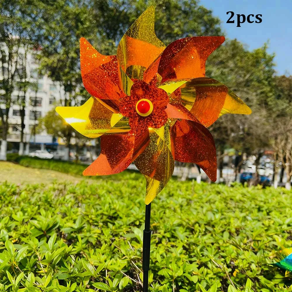 กังหันไล่นกแบบสะท้อนแสง 2 ชิ้น แบบมือถือ หลายสี พร้อมเสาสองชั้น ขนาด 24 ซม.