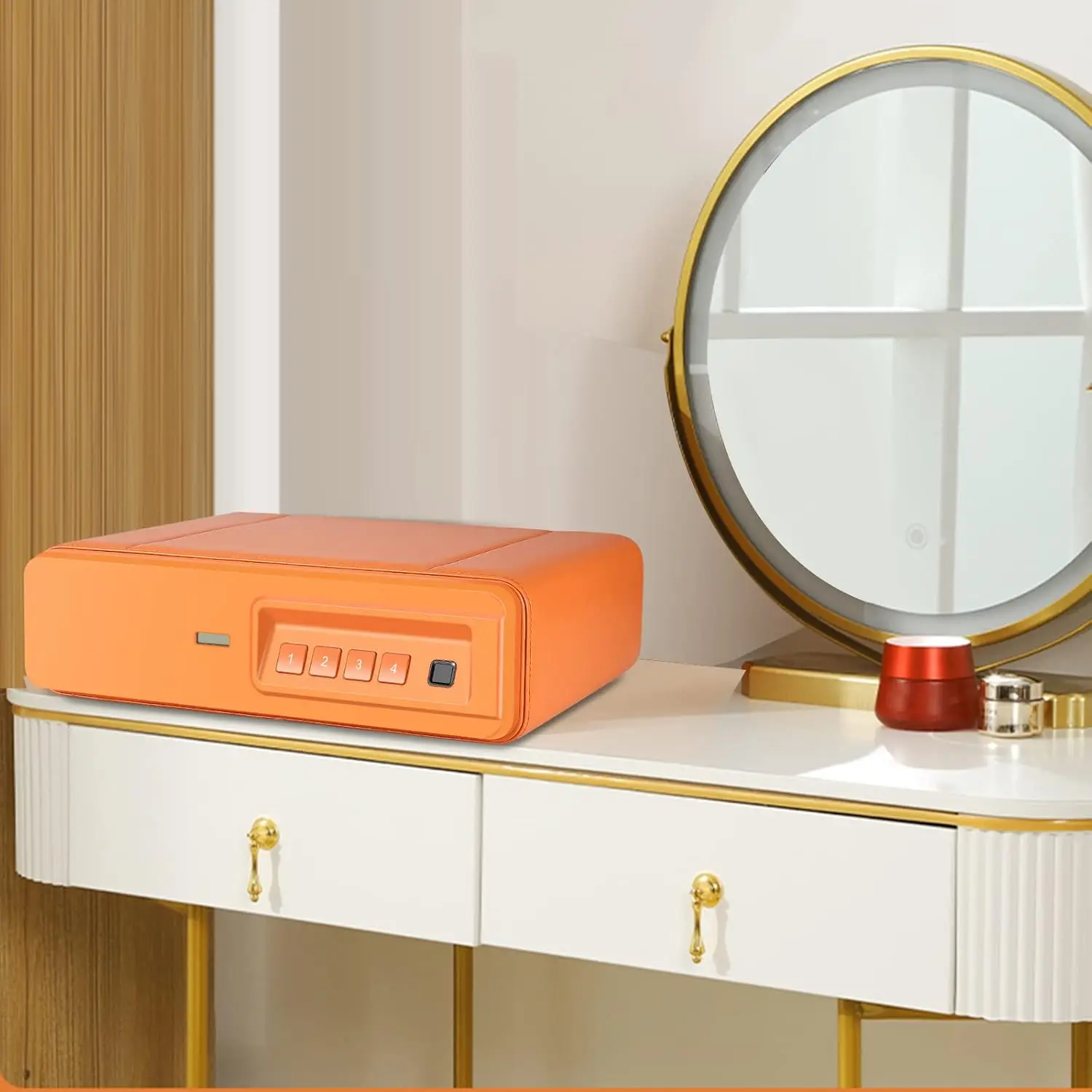 Biometric Fingerprint Safe, Slide-Away Handgun Safe for Pistols, Leather Wrapped Jewelry Storage Safe, Drawer Safe for Home and