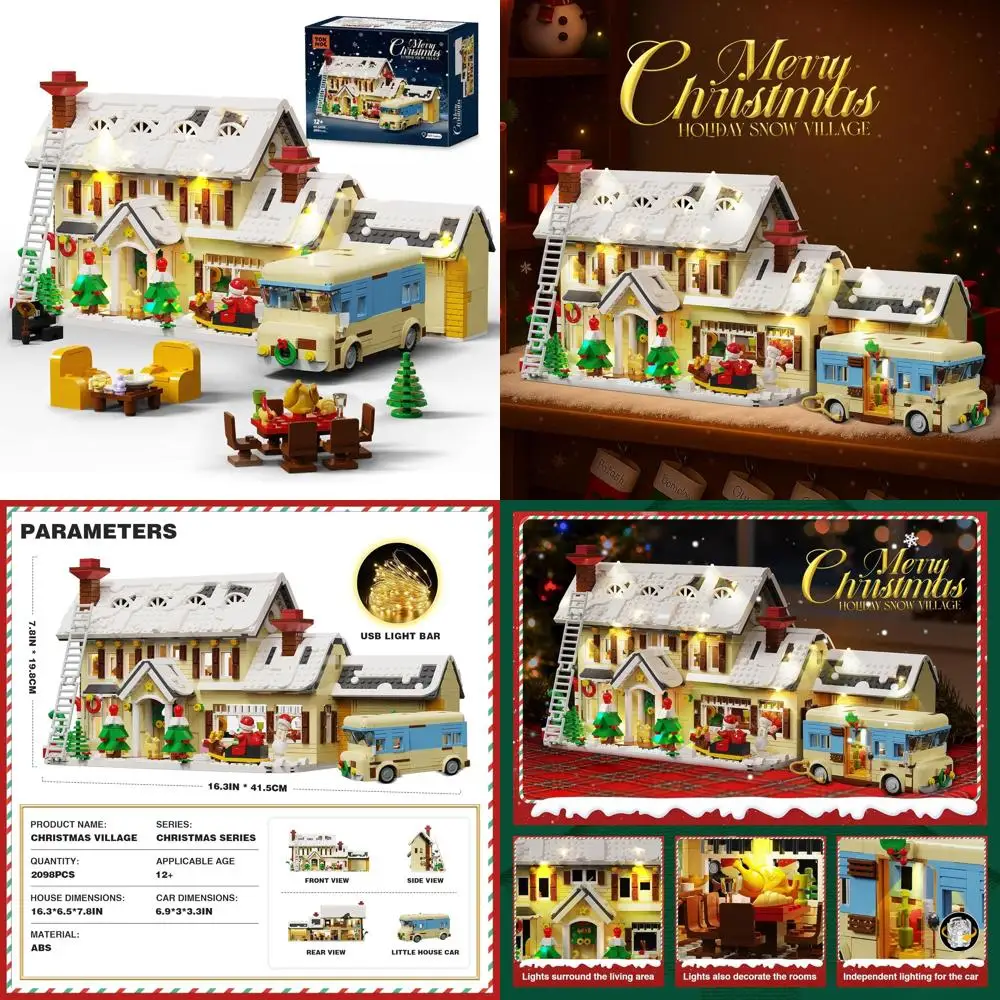Zestaw do budowania wioski świątecznej z oświetleniem, śnieżna chata i kamper - 2098 elementów, zimowa zabawka dla dorosłych