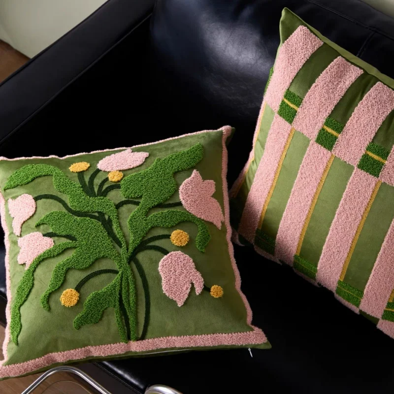 Bohemian Tufted Pillow Cover Set | Pink & Green Floral & Geometric Striped Cushion Cases | Vibrant Retro Sofa Bedroom Decor