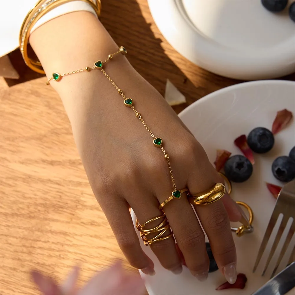 

AIKOER Fashion Emerald Love Zircon Finger Ring Hand Chain 18K Gold Color Plated Stainless Steel Stackable Bracelet Women's Jewel