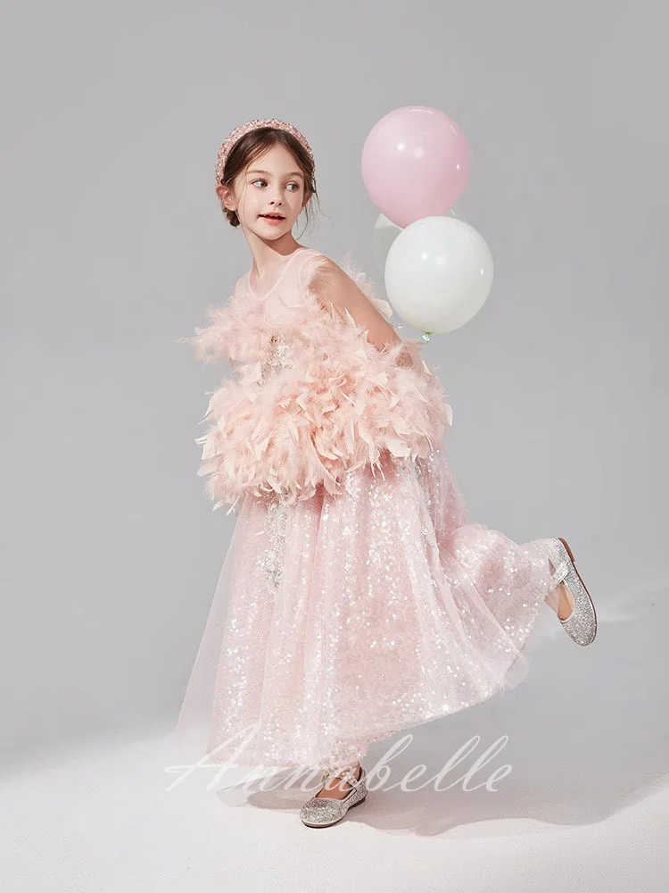 

Annabelle Pink Girl Princess Dress O Neck Sleeveless Sequins Dress for Kids Girl Luxury Flower Girl Dresses With Feather