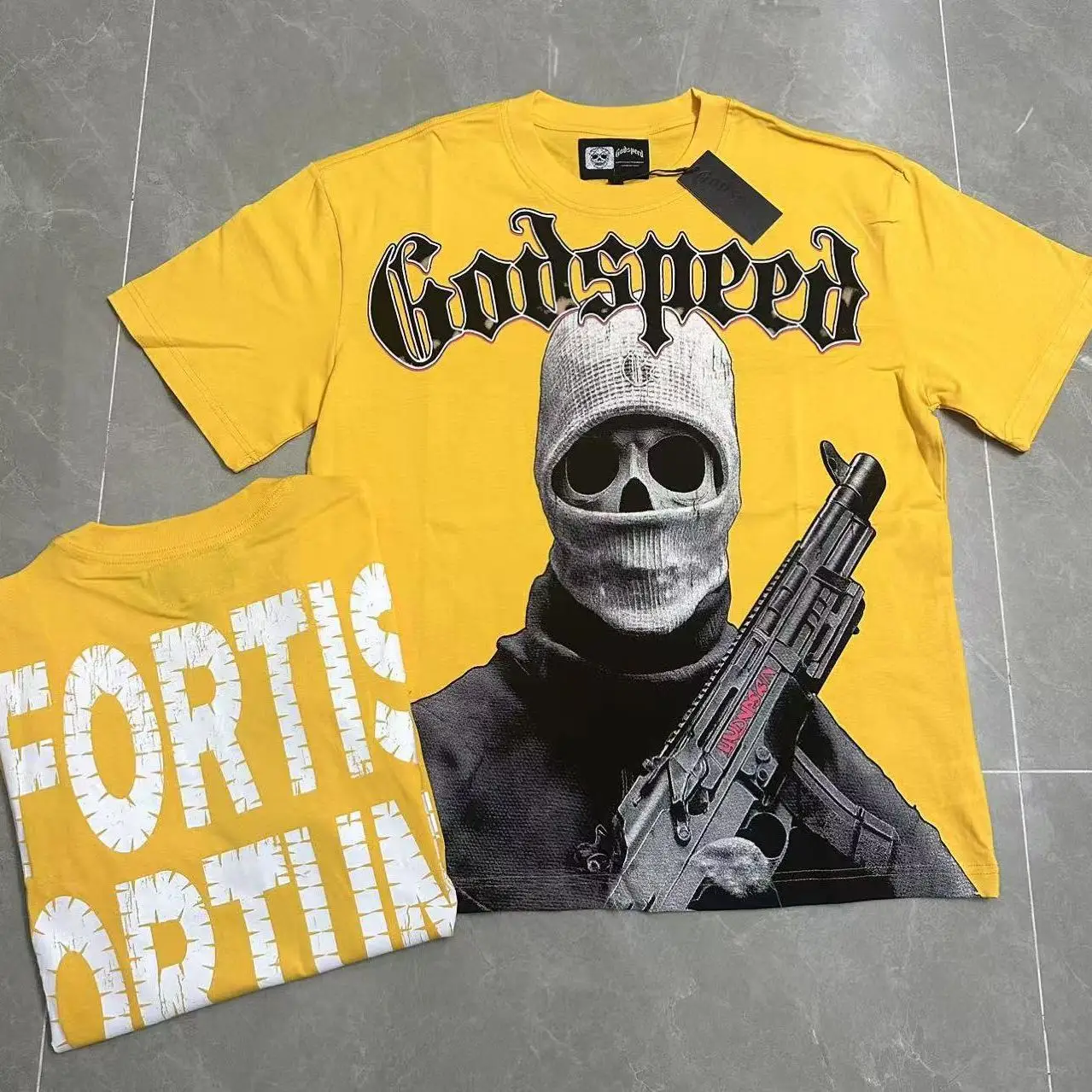 American Style Godspeed Skull Print Short Sleeve T-Shirt Vintage Worn Pure Cotton round Neck Youth Fashion Streetwear Citywalk