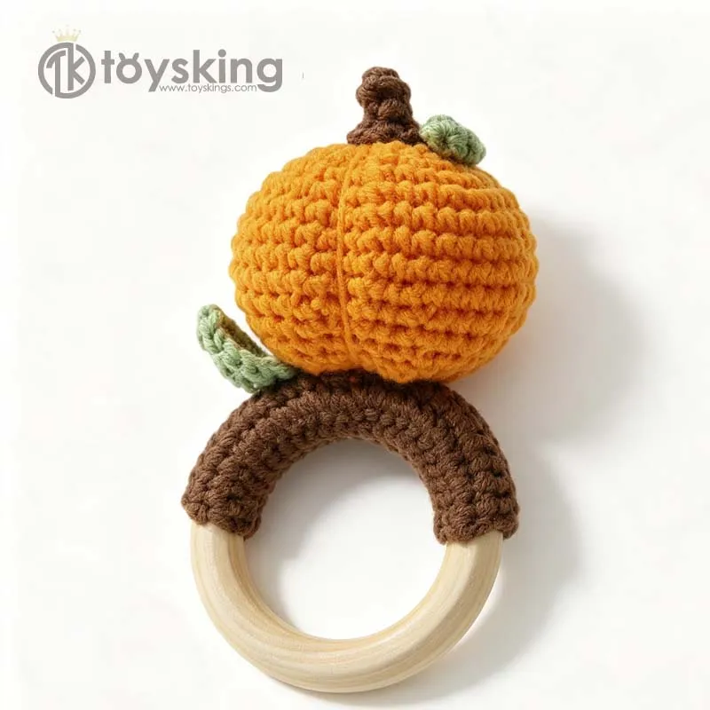 Hand Crochet Pumpkin Plush Rattle Toy Soft Handmade Fruit Shaped Shaking Bell Infant Soothing Sensory Toy
