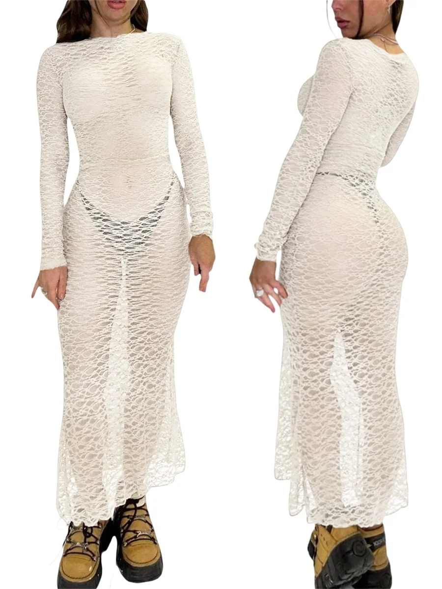 Abito lungo da donna in pizzo trasparente elegante manica lunga girocollo tinta unita copricostume da spiaggia per costume da bagno bikini