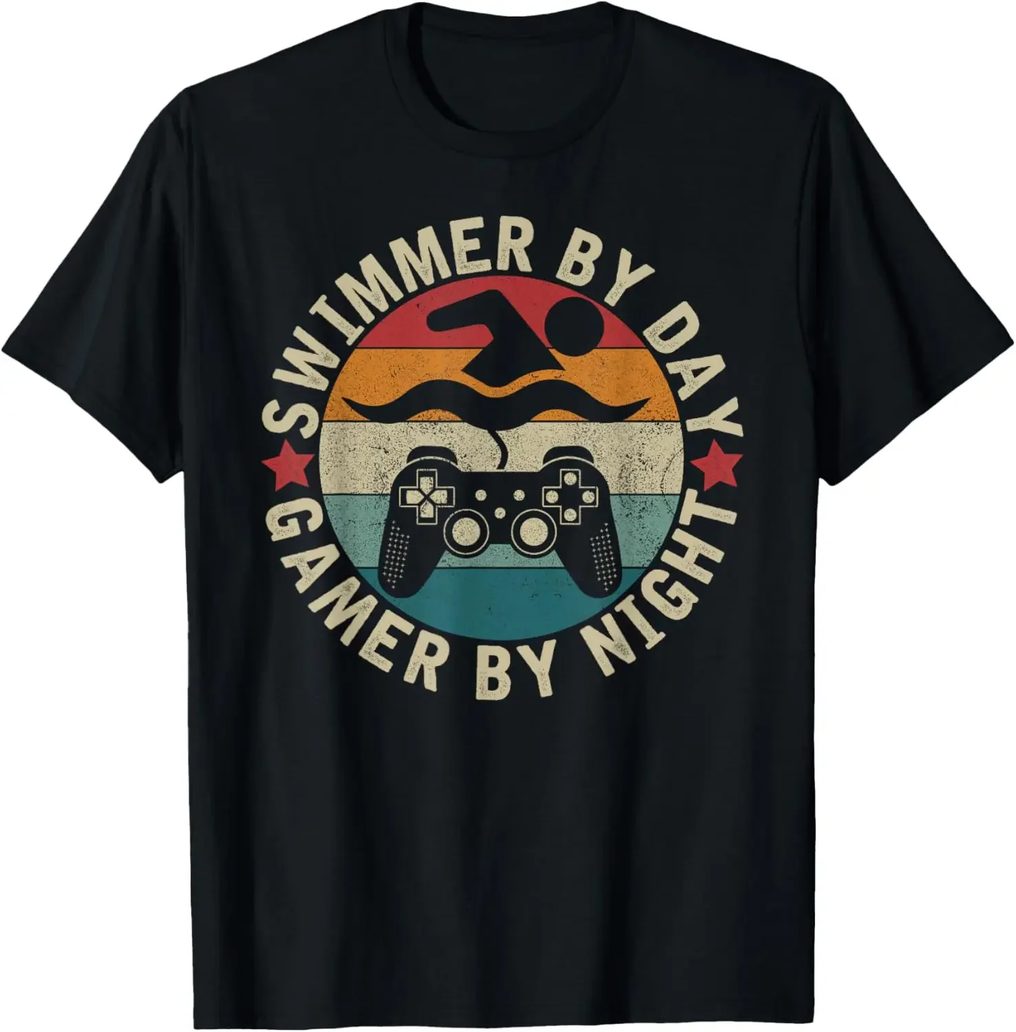

Swimmer By Day Gamer By Night Funny Retro Graphic Tee Men's Breathable Cotton T-Shirt