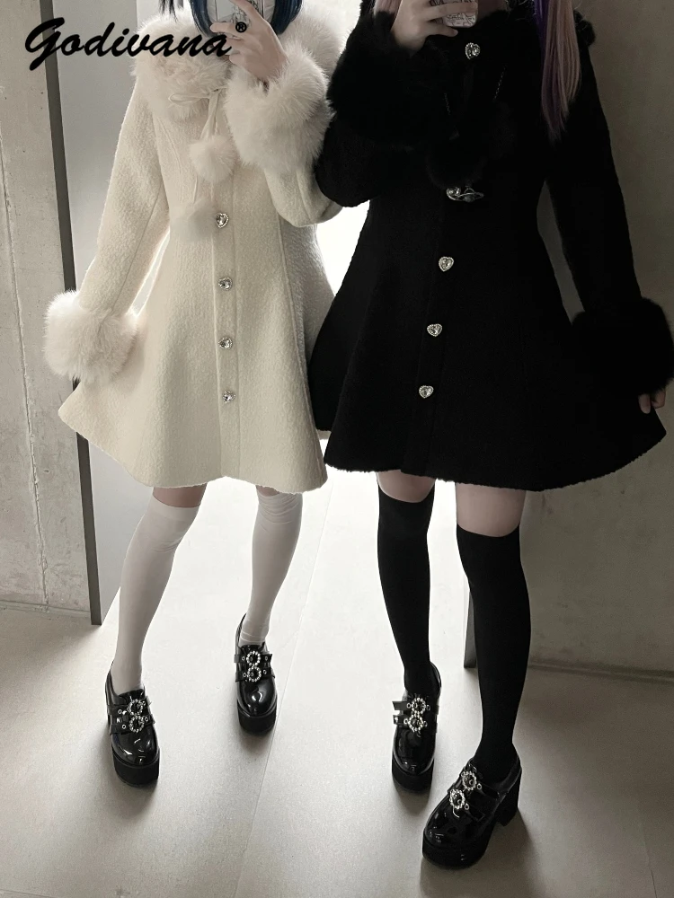 Sweet Cute Japanese Mine Girls Fur Ball Woolen Long Coat New Winter Fur Collar Damska jednorzędowa kurtka wełniana Odzież wierzchnia