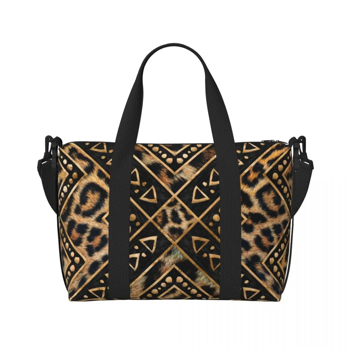 Borsa per la spesa personalizzata in pelliccia di leopardo etnica tribale geometrica Tote Shopping Bag Borse da palestra da spiaggia con texture in pelle animale di grande capacità