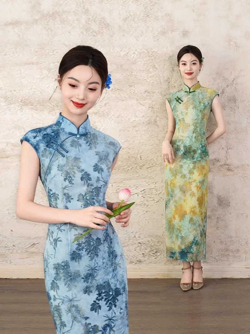 

Print Stage Show Performance Cheongsam Women Elegant Qipao Tradition Chinese Costume Dress Vintage Vestidos Oversized Party Gown
