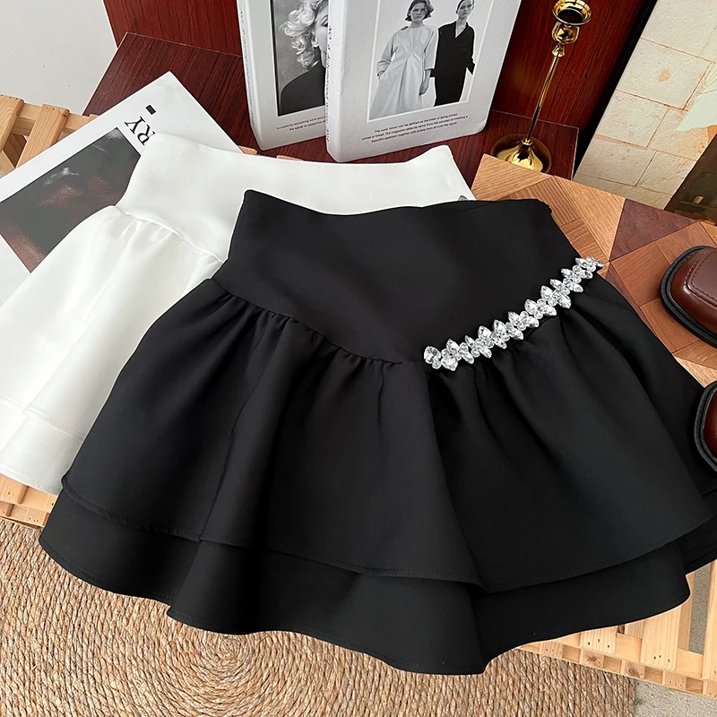 2024 Women's Skirt Short Sexy Mini High Waist Ruffle Skirts for Woman Luxury Streetwear Y2k Clothes Beading Faldas Saias