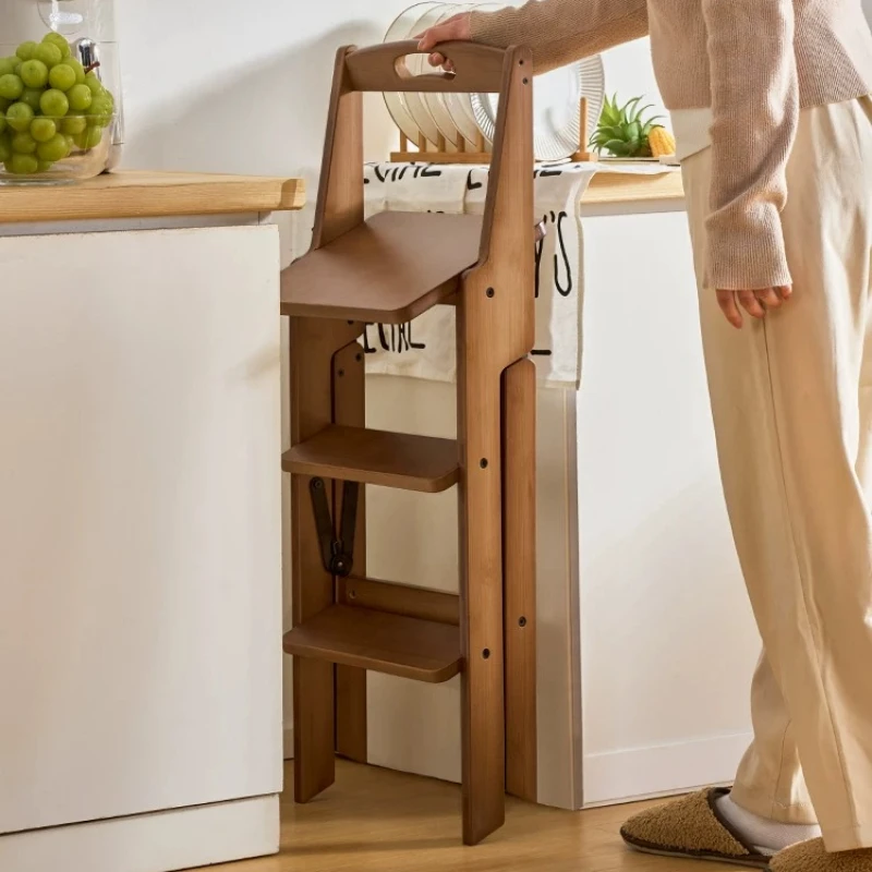 Solid Wood Folding Ladder Stool 74cm Height 3 Step Anti-Slip Step Chair Kitchen With Comfortable Cotton Linen Cushion For Home