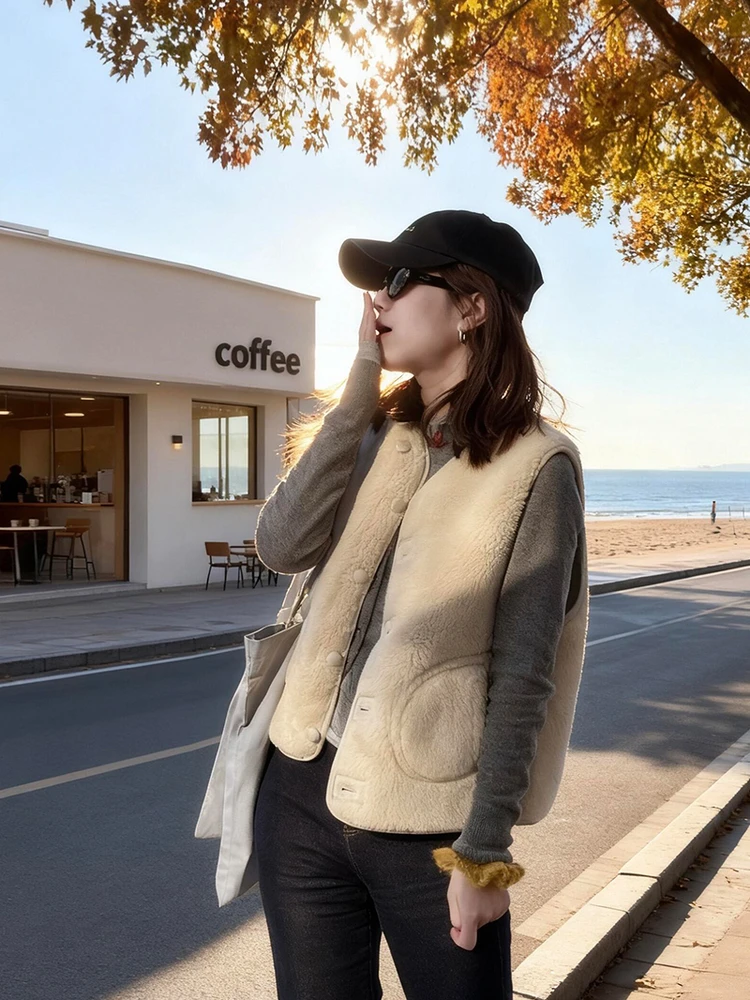 シックな毛皮のようなウールのベスト女性の秋冬痩身アンチエイジングヴィンテージアウターウェア暖かい Plu Sle カジュアル Faion ベスト