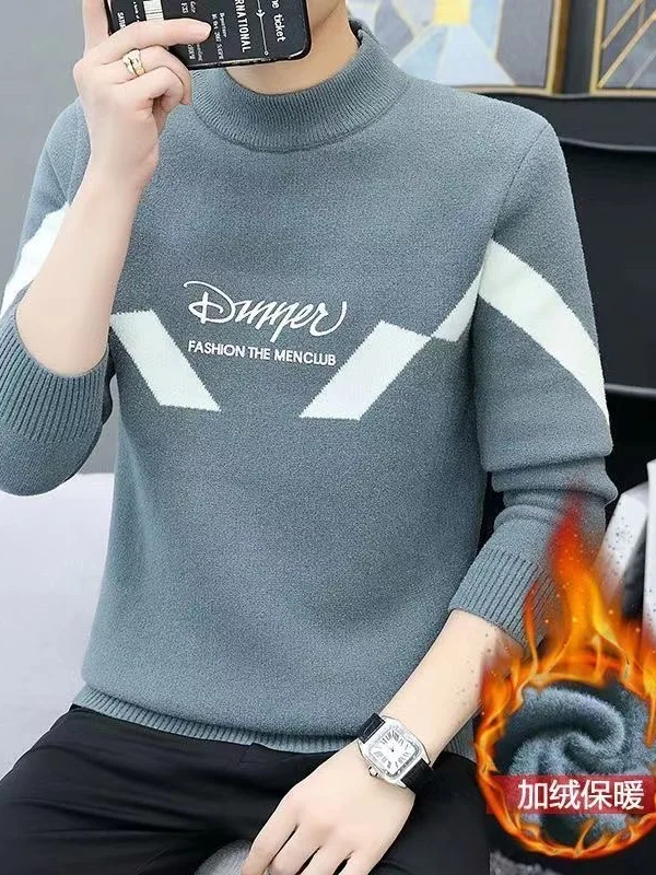 

Thiened One-Piece Fce Men's Sweater Inner Wear Base irt Youth Winter Warm Top Woolen irt Casual Knitted Long Sve