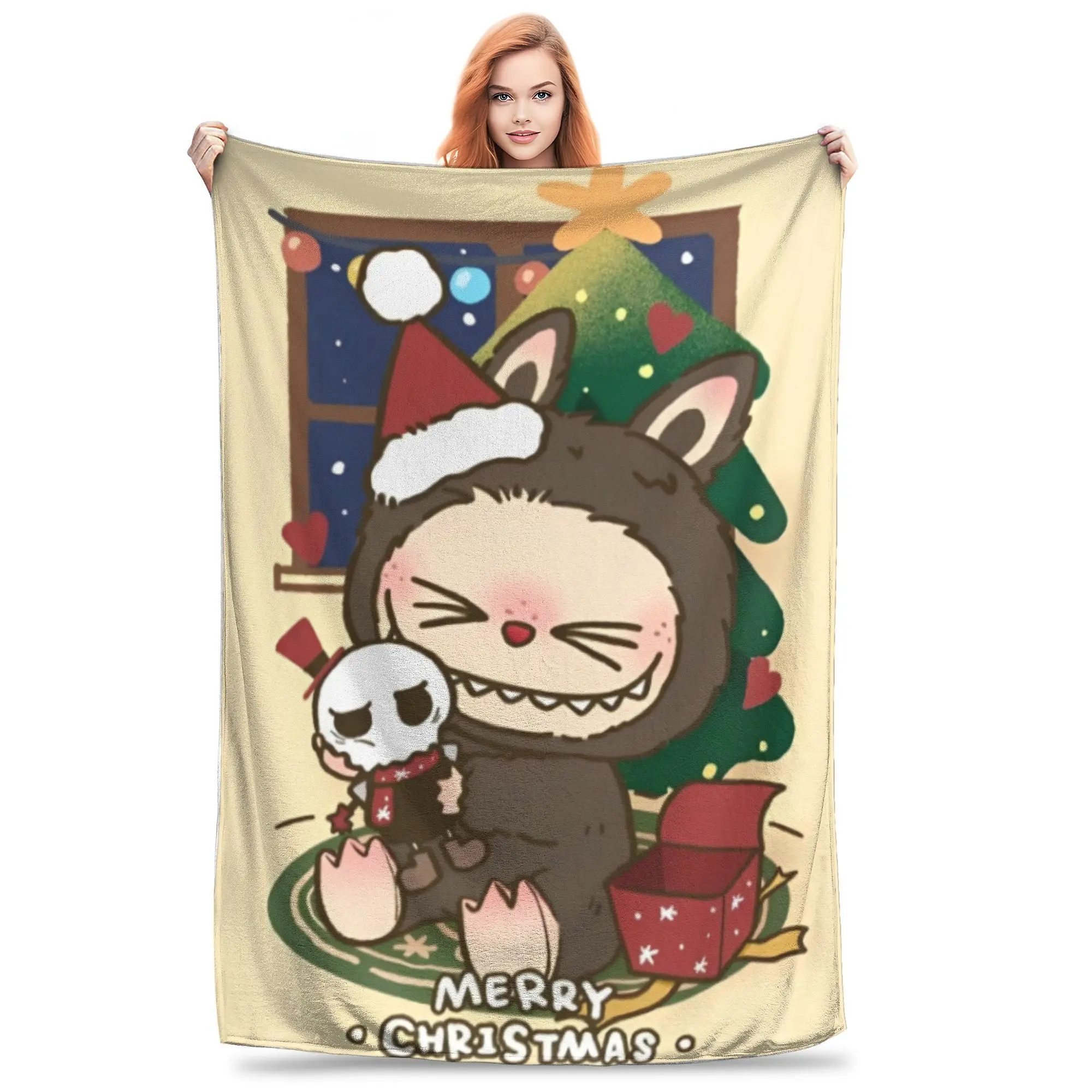 Christmas Labubu Kawaii Blanket Multiple Sizes Warm Cozy Fluffy  Throw Blankets for Sofa Couch and Bed