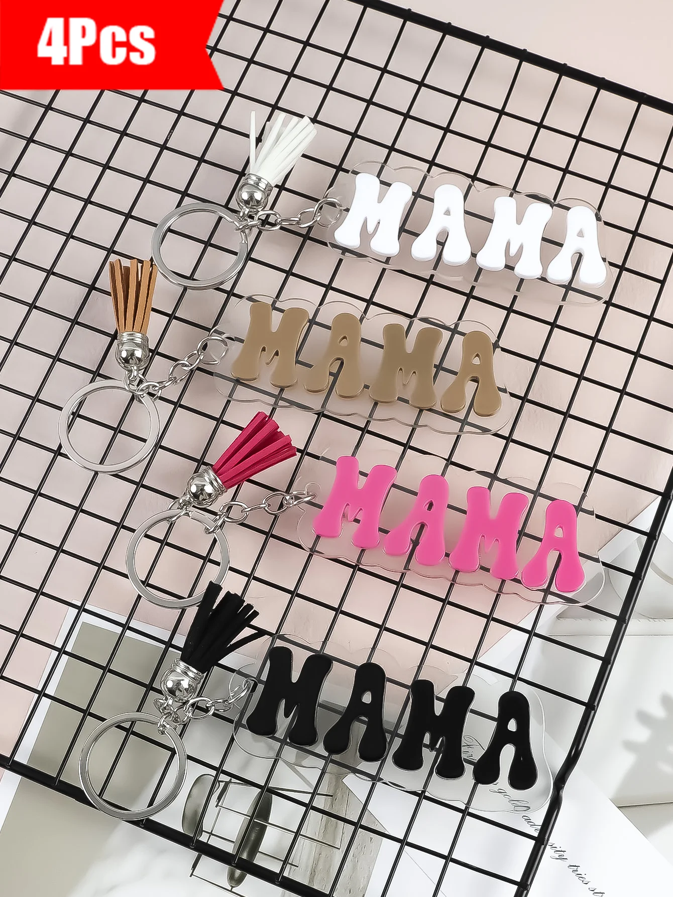 4-Piece Cute Letter Pendant Tassel Keychain MAMA Acrylic Keychain Paired with PU Tassels in the Same Color Scheme