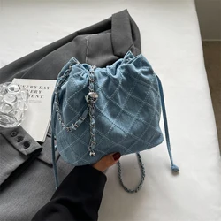 Denim Bucket Shoudler Crossbody Bag for Women Casual Tote Handbag and Purses 2024 New Trendy Clutches Lady‘s Messenger Bag