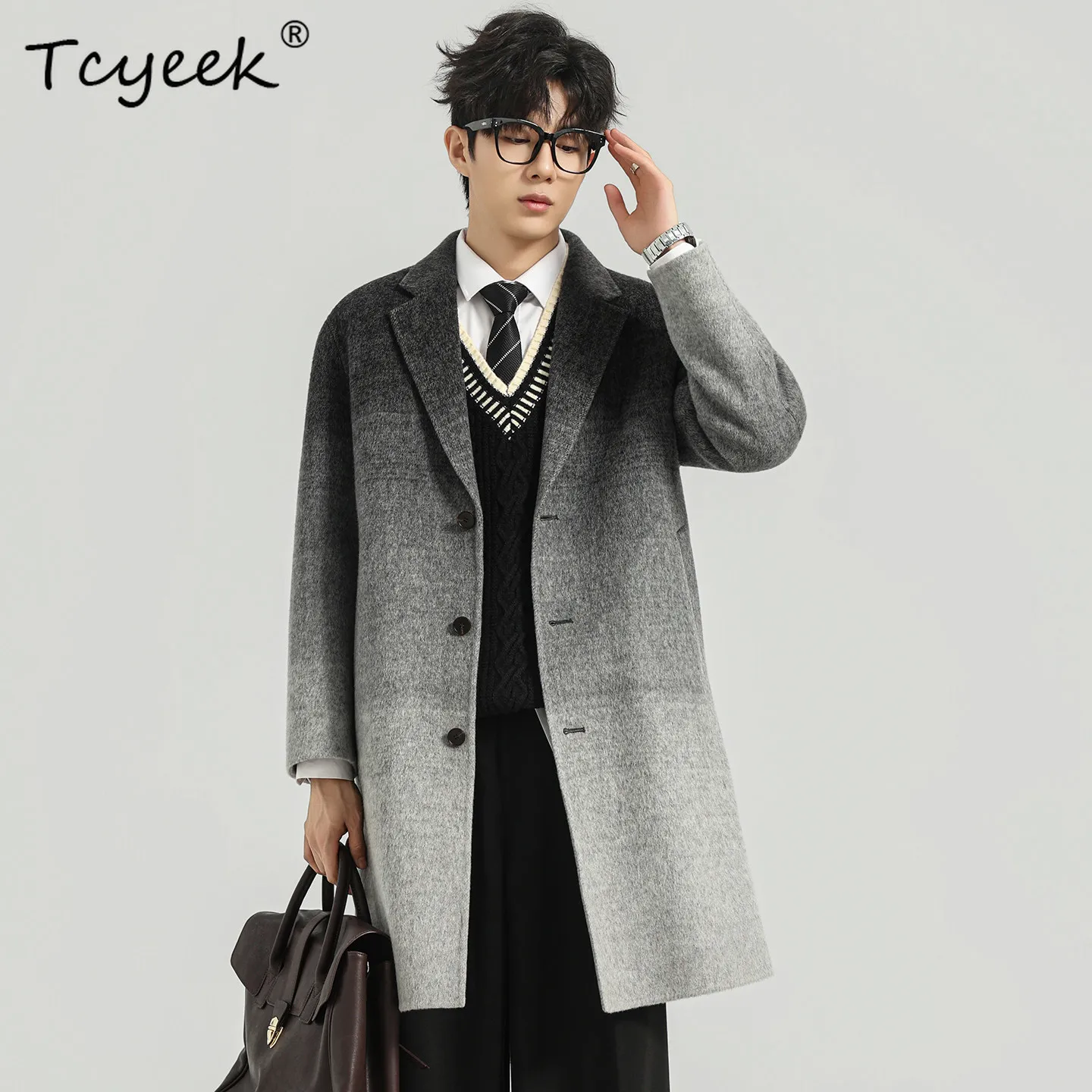 Tcyeek 70.7% Wool Jacket Men Clothing Autumn Winter Mid-length Coats Double-faced Woolen Coat Gradient Fashion Loose Fit Пальто