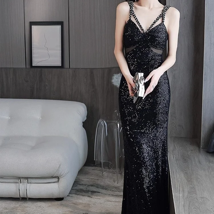 

Черное вечернее платье с пайетками и бретелями, фасон «русалка», с завышенной талией, длинное, для выпускного вечера/выпускного бала, элегантное, эффектное.