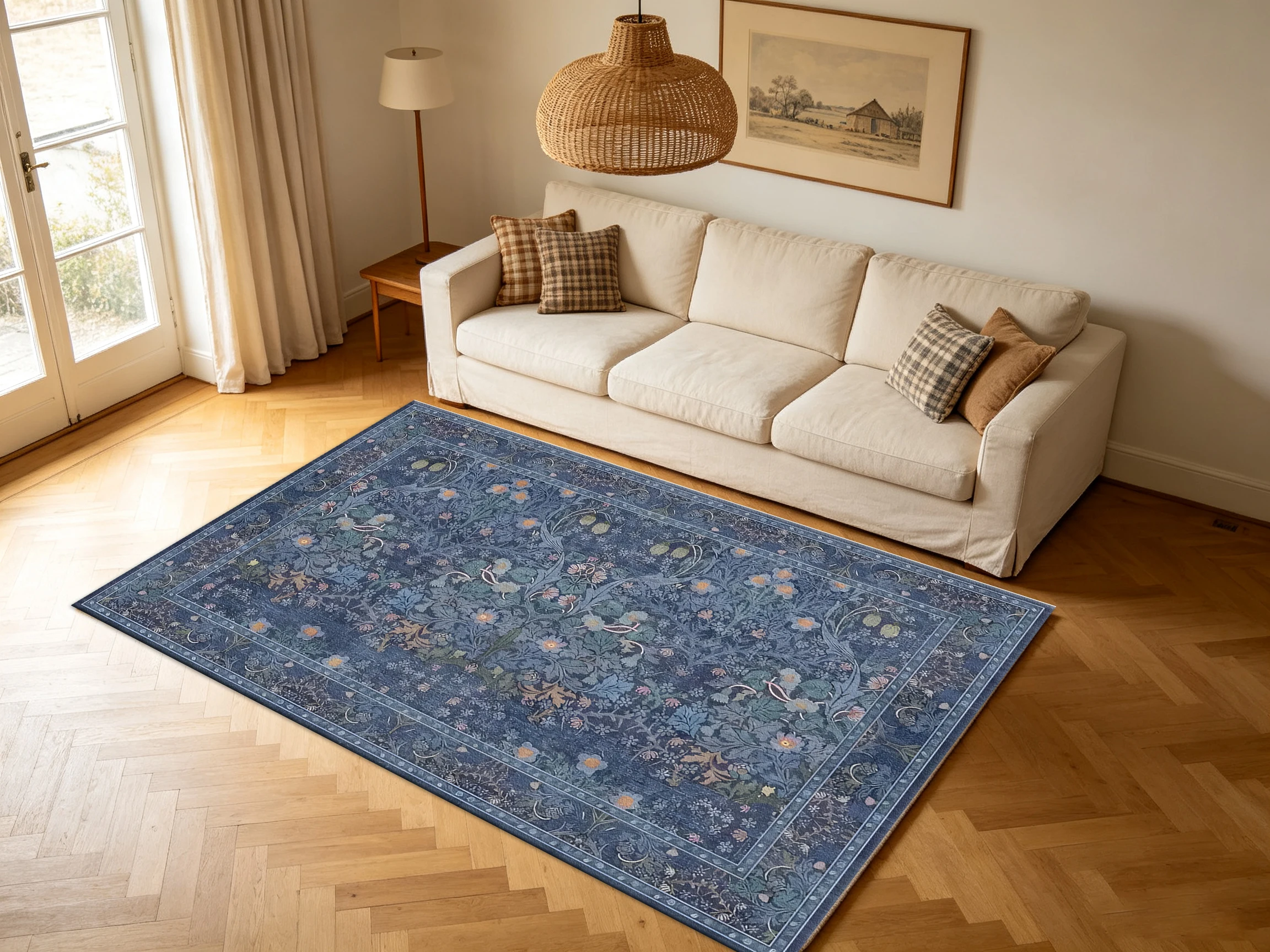 William Morris Botanical Floral Carpet Flooring, Vintage Art Nouveau Blue Area Rug for Living Room Home Decor