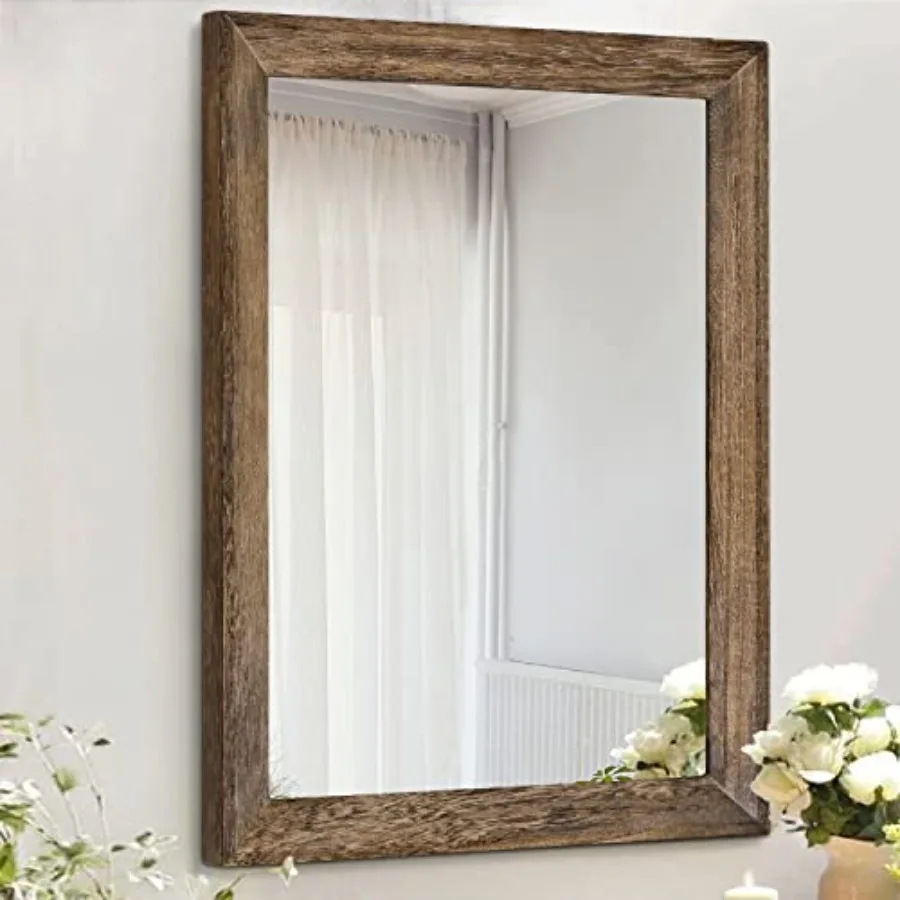 

Rustic Wood Mirror Rectangle Decorative Wall Mirrors with Frame Large 20"x16"for Bedroom Living Room Bathroom Entryway Hanging