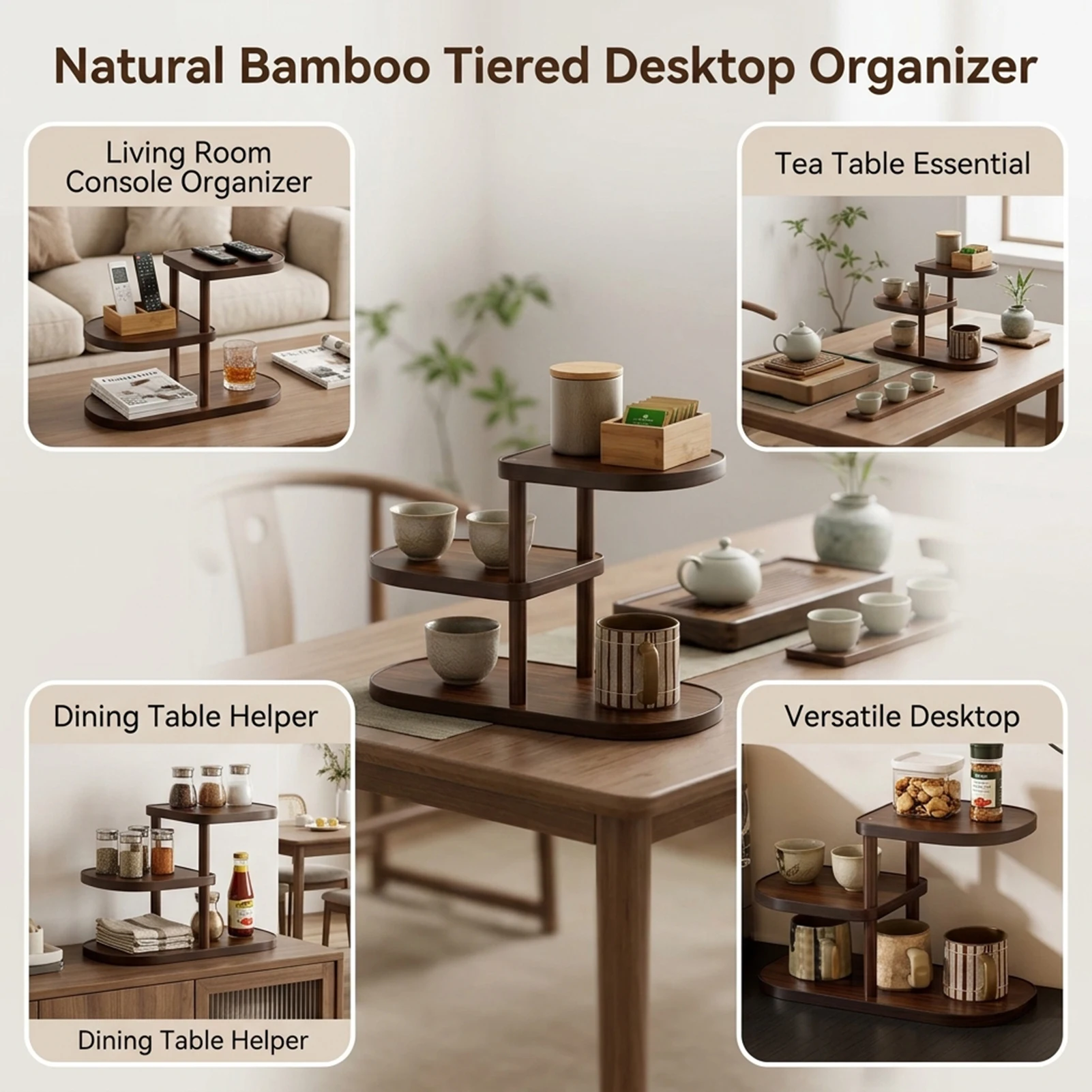 Bamboo Multi Tier Desktop Cup Rack Organizer, Countertop Storage Shelf for Mugs, Tea, Snacks, Spices, Dining Table, Tea Room,