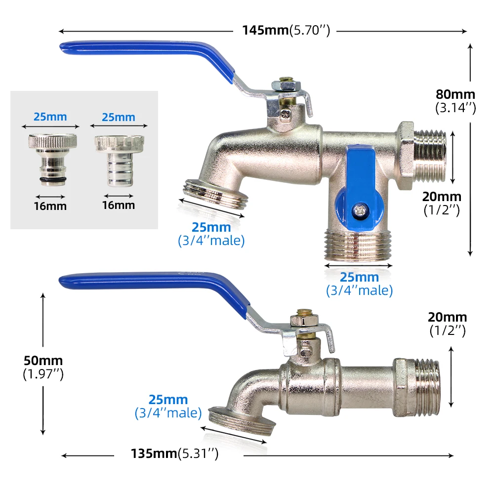 1/2 \'\'x 16mm 3/4\'\' rubinetto a leva da giardino rubinetto per acqua da esterno maniglia lunga valvola a sfera a 2 vie a 1 via con connettore per