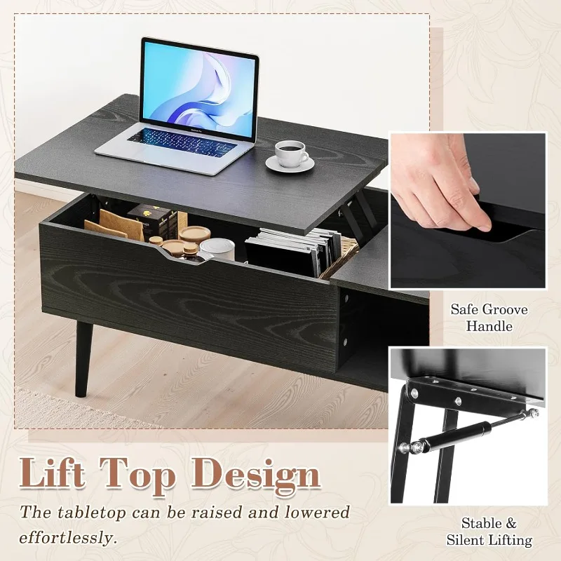 Multifunctional Lift Desk - Wood Center Table with Storage, for Home Office & Living Room