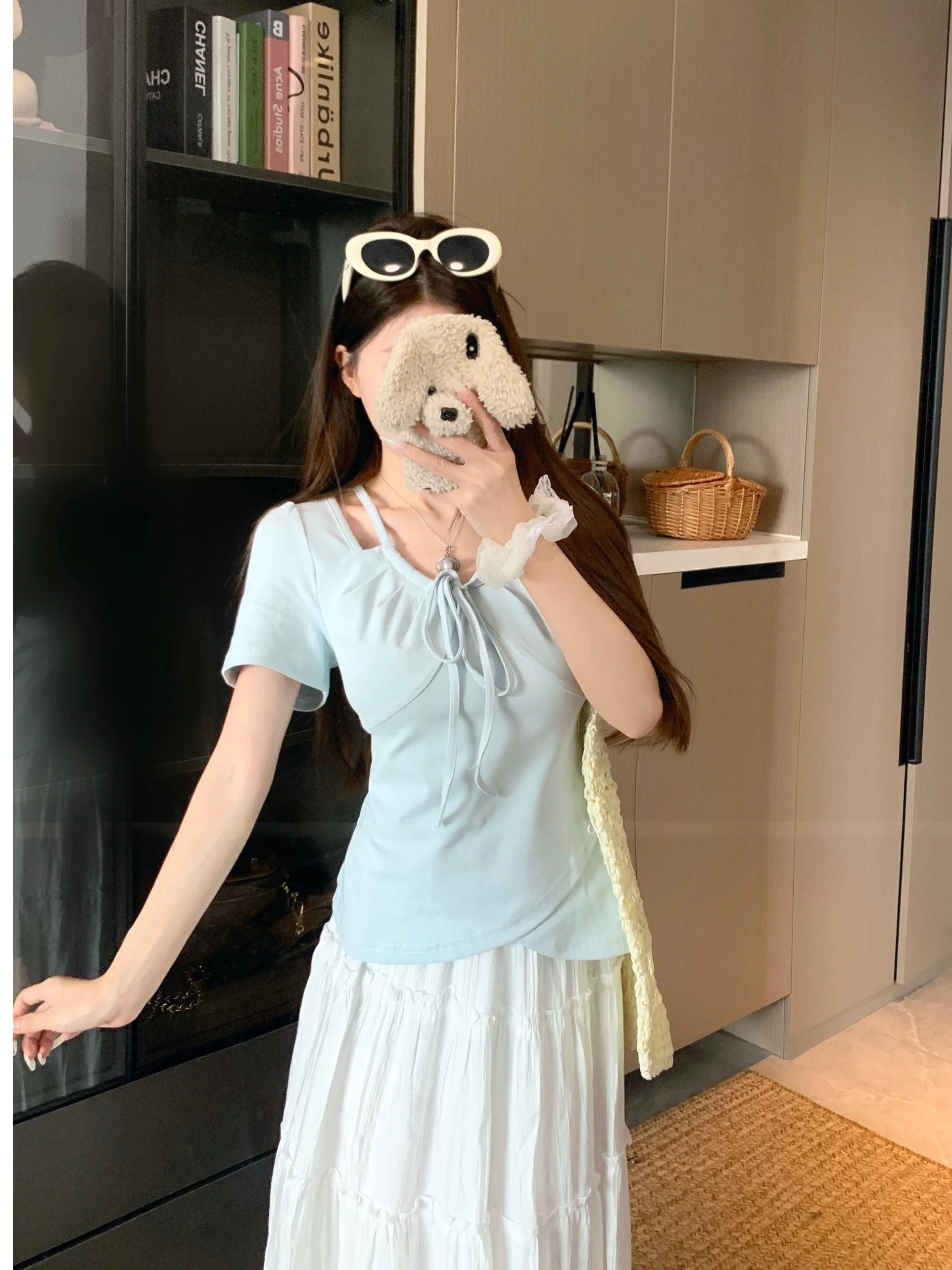 

plus Size Women's Sweet Sle Knot ort Sve T-irt Summer New Waist a Slimming Top Trendy High Waist Design